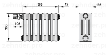 Схема (чертеж) Радиатор Zehnder Charleston 4030/8 №V012 Белый глянцевый RAL 9016